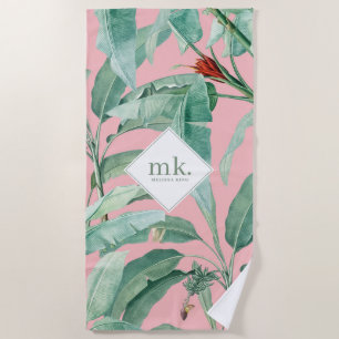 Pink Watercolor Tropical Banana Leaves Monogrammed Beach Towel