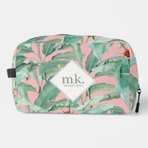 Pink Watercolor Tropical Banana Leaves Monogrammed Dopp Kit