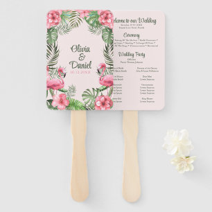 Pink Watercolor Tropical Flamingo Wedding Program Hand Fan