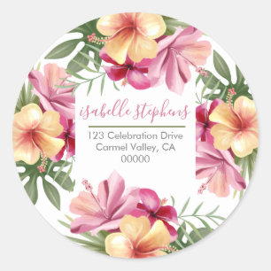 Pink Watercolor Tropical Floral Return Address Classic Round Sticker