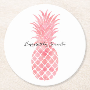 Pink Watercolor Tropical Pineapple Round Paper Coaster