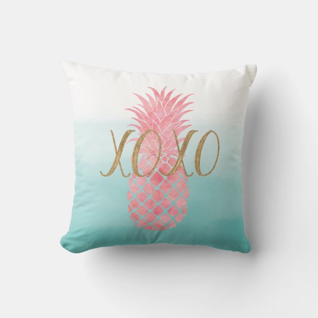 Pink Watercolor Tropical Pineapple Throw Pillow (Front)