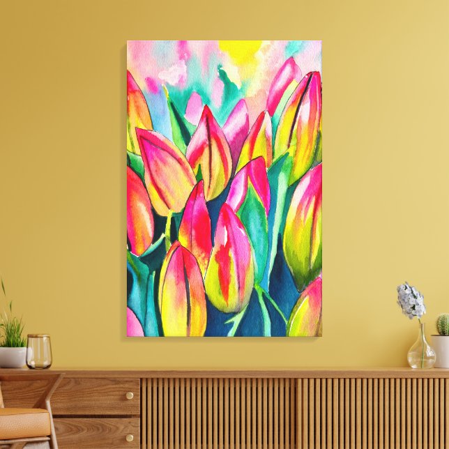 Pink watercolor tulips art canvas print (Insitu(LivingRoom))