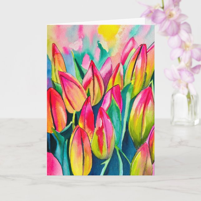 Pink watercolor tulips art card (Orchid)
