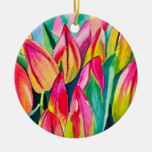 Pink watercolor tulips art ceramic ornament