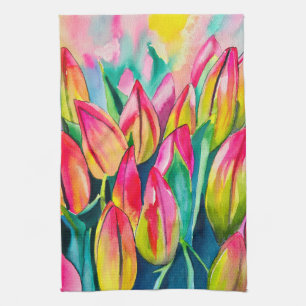 Pink watercolor tulips art kitchen towel