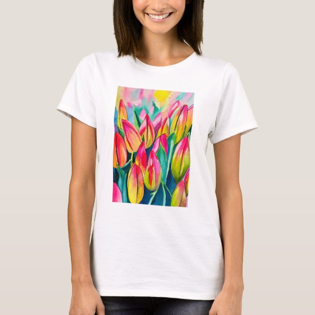 Pink watercolor tulips art T-Shirt (Front)