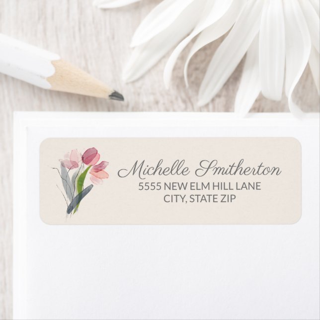 Pink Watercolor Tulips Cream Elegant Script Label (Insitu)