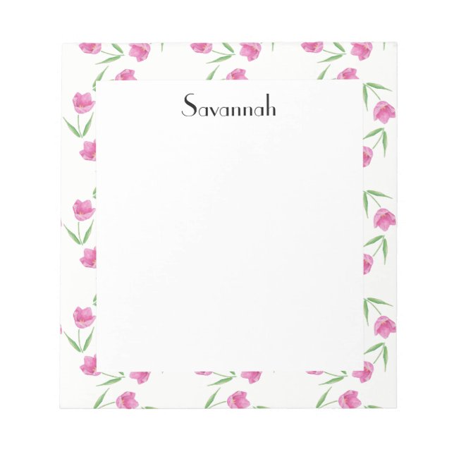 Pink Watercolor Tulips Pattern Personalized Notepad (Front)