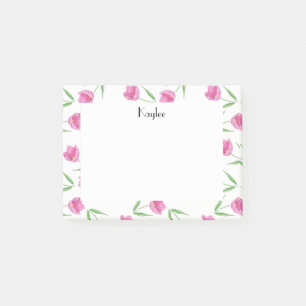 Pink Watercolor Tulips Pattern Personalized Post-it Notes
