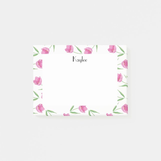 Pink Watercolor Tulips Pattern Personalized Post-it Notes (Front)