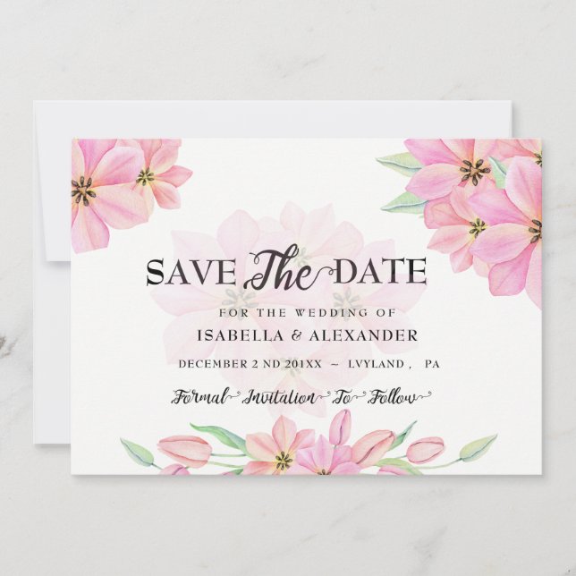 Pink Watercolor Tulips Save the Date Invitation (Front)