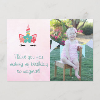 Pink Watercolor Unicorn Photo Thank You Card