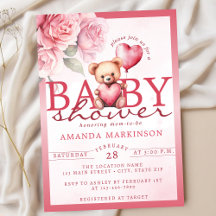 Pink Watercolor Valentine Teddy Bear Baby Shower