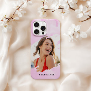 Pink Watercolor Wash Personalized Photo with Name iPhone 15 Pro Case