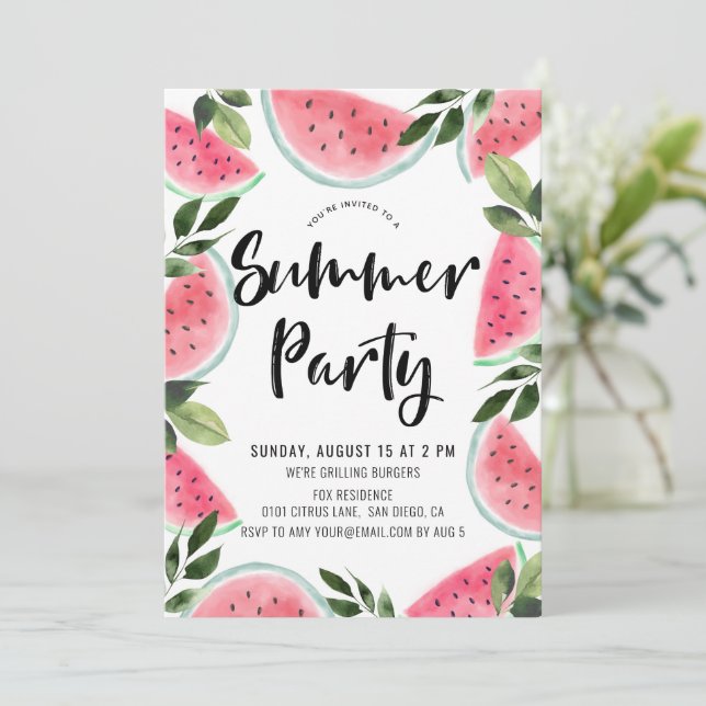 Pink Watercolor Watermelon Summer Party Invitation (Standing Front)