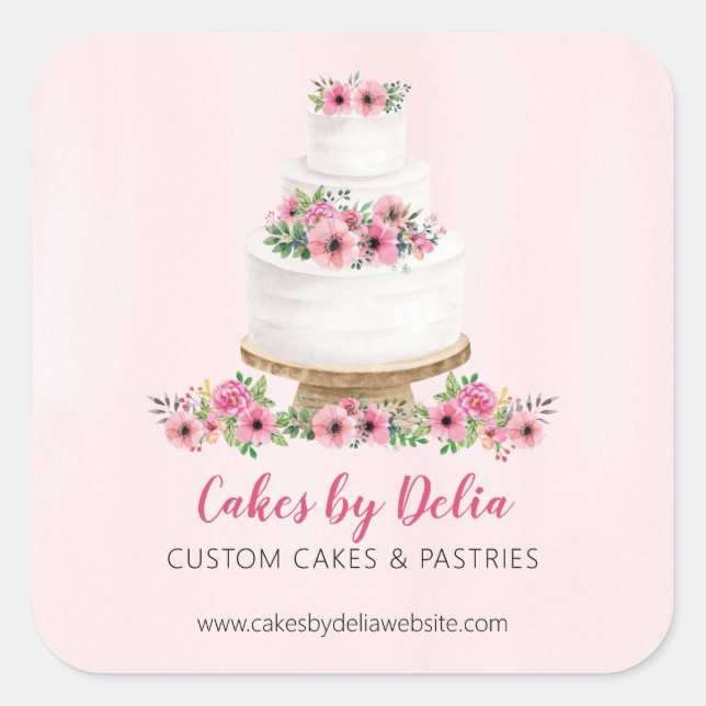 Pink Watercolor Wedding Cake Promotional Square Sticker (Front)