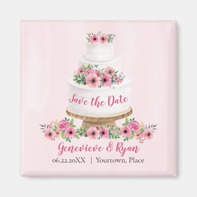 Pink Watercolor Wedding Cake Save the Date Magnet (Front)
