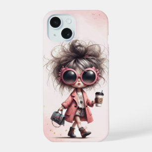 Pink Watercolor Whimsical Quirky Girl Coffee Run iPhone 15 Case