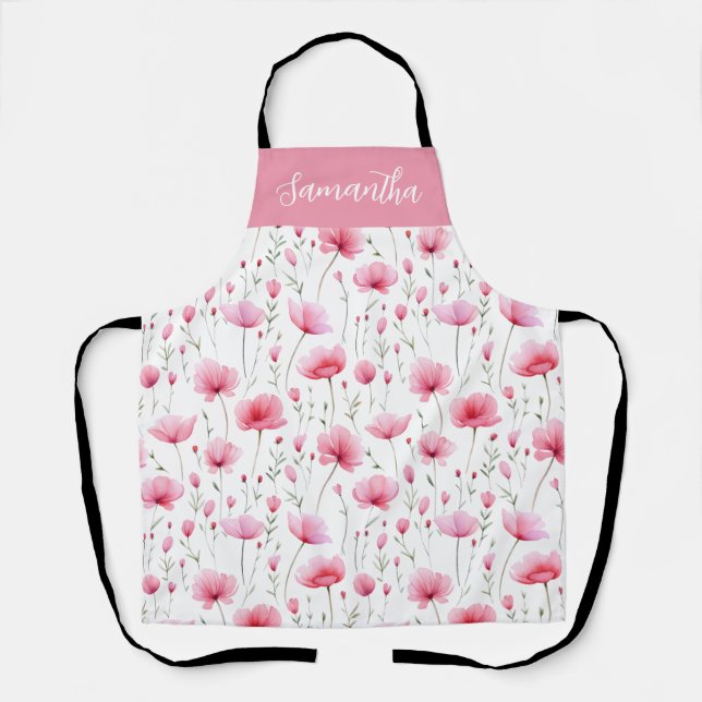 Pink Watercolor Wildflower Custom Name Apron (Front)