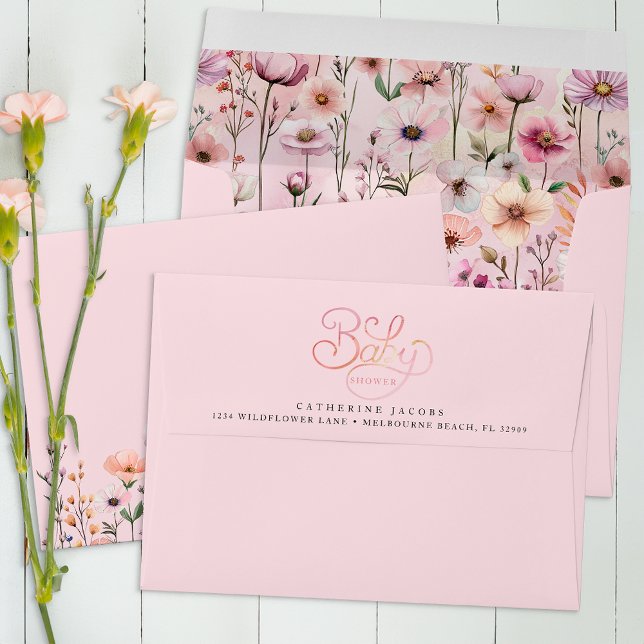 Pink Watercolor Wildflower Envelope – Dusty Floral (Baby Shower Envelope)