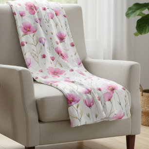 Pink Watercolor Wildflower  Fleece Blanket