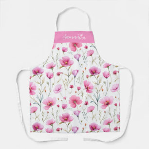 Pink Watercolor Wildflower Monogram Name Apron