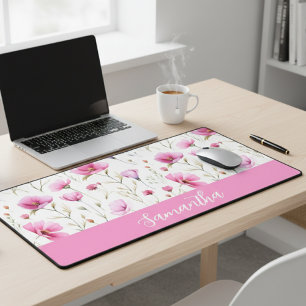 Pink Watercolor Wildflower Monogram Name Desk Mat