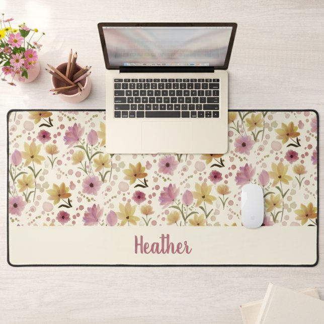 Pink Watercolor Wildflower Monogram Name Desk Mat (Creator Uploaded)