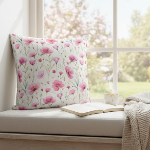 Pink Watercolor Wildflower  Throw Pillow