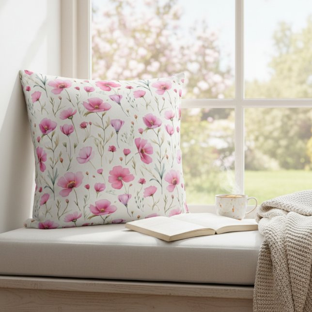 Pink Watercolor Wildflower  Throw Pillow (Creator Uploaded)