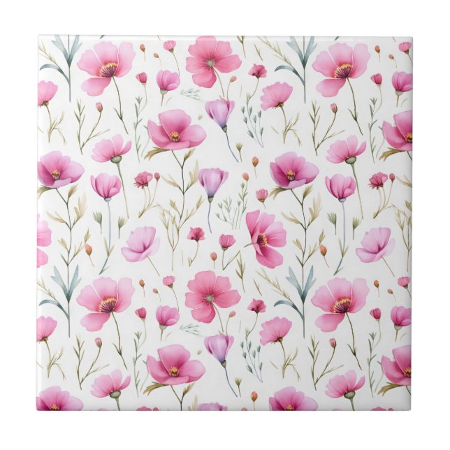 Pink Watercolor Wildflower  Tile (Front)