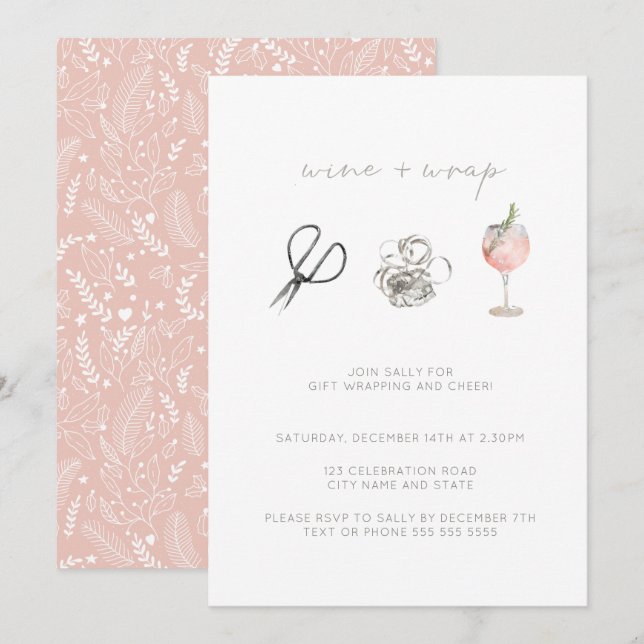 Pink Watercolor Wine Wrap Christmas Holiday Party Invitation (Front/Back)