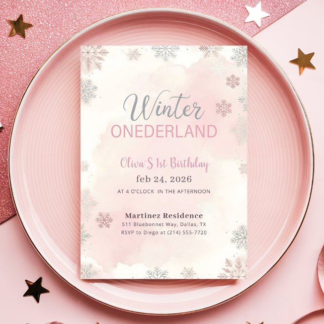 Pink Watercolor Winter Wonderland First Birthday Invitation (Creator Uploaded)