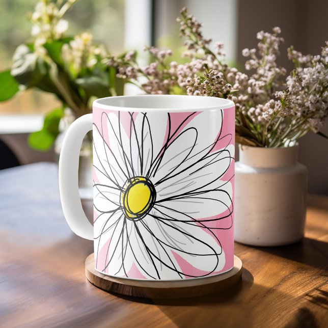 Pink Watercolor with Whimsical Daisy Custom Name Coffee Mug (Mug template with a place for a name - whimsical daisy)