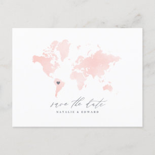 Pink watercolor world map wedding announcement