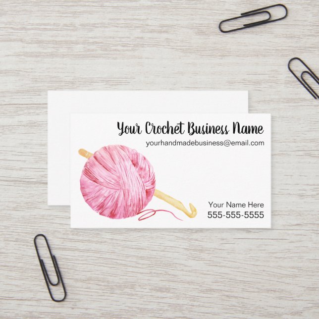 Pink Watercolor Yarn Crochet Business Card (Front/Back In Situ)