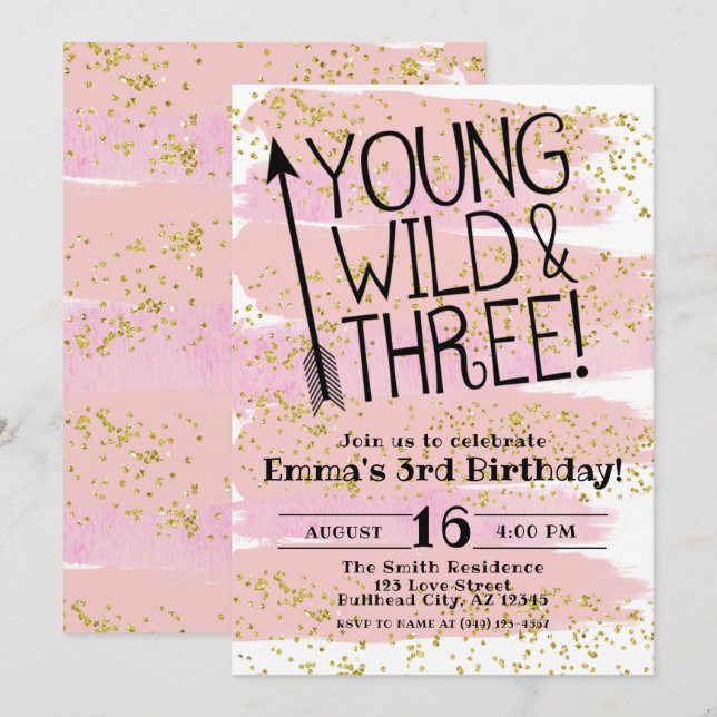Pink Watercolor Young Wild & Three 3rd Birthday Invitation (Front/Back)