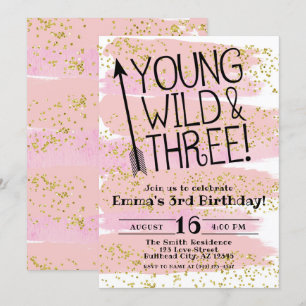 Pink Watercolor Young Wild & Three 3rd Birthday Invitation