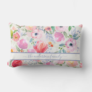 Pink watercolored florals family name script lumbar pillow