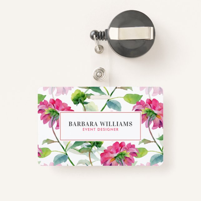 Pink Watercolors Flowers Pattern Badge (Back with Retractable)