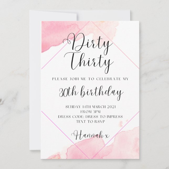 Pink Watercolour 30th Birthday Invitation (Front)