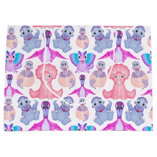 Pink Watercolour Dinosaur Birthday Baby Shower Large Gift Bag