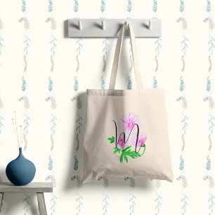 Pink watercolour flowers with your initial tote bag