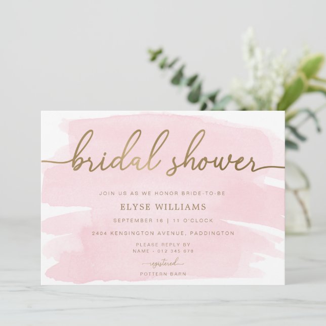 Pink Watercolour Gold Bridal Shower Invitation (Standing Front)