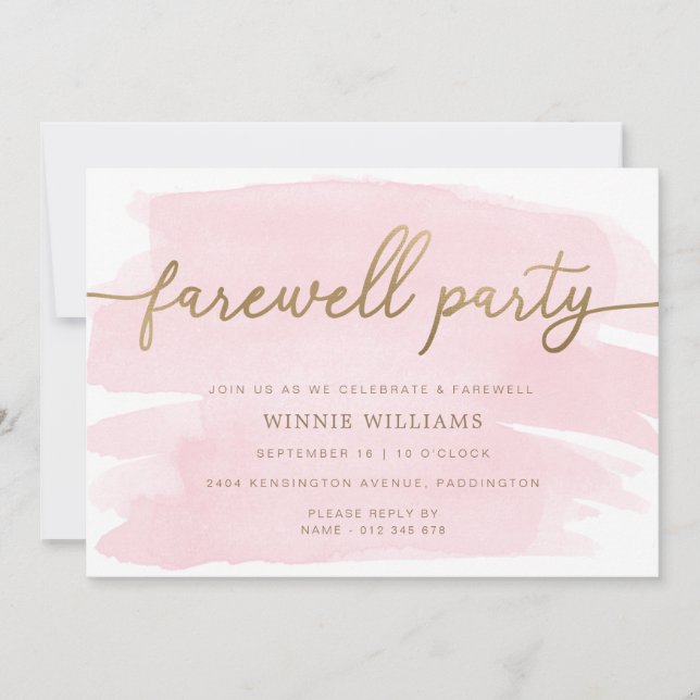Pink Watercolour Gold Farewell Party Invitation (Front)