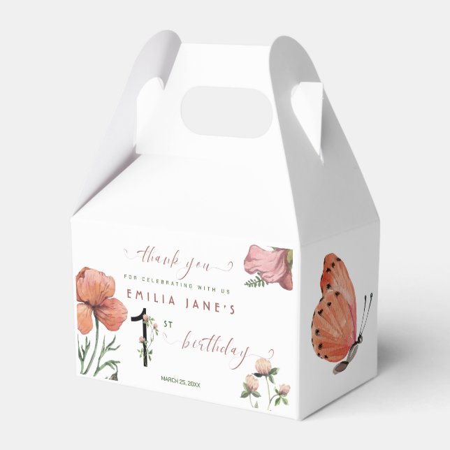 Pink Watercolour Little Poppies 1st Birthday Favor Box (Front Side)