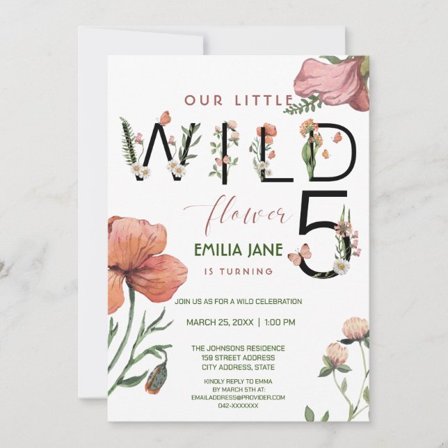 Pink Watercolour Little Poppies 5th Birthday Invitation (Front)