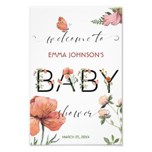 Pink Watercolour Poppies Baby Shower Welcome Photo Print