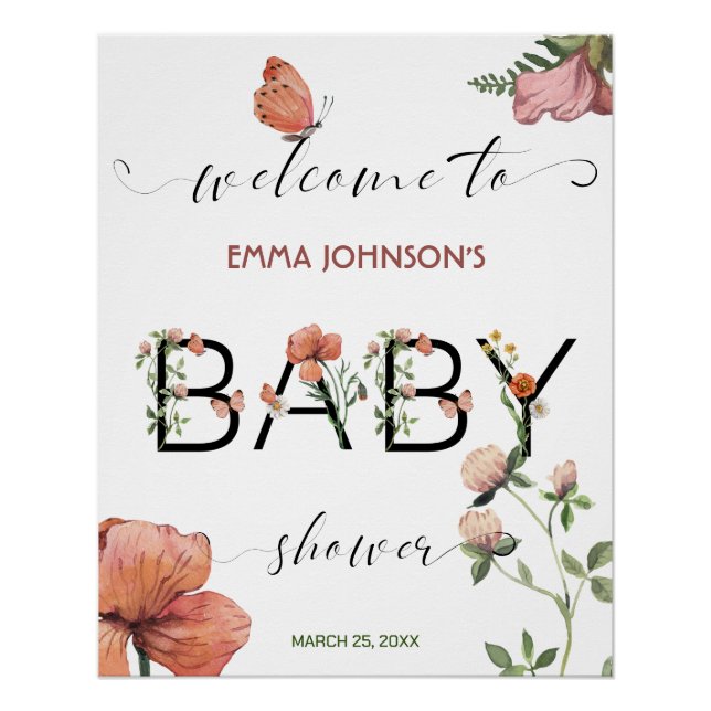 Pink Watercolour Poppies Baby Shower Welcome Poster (Front)
